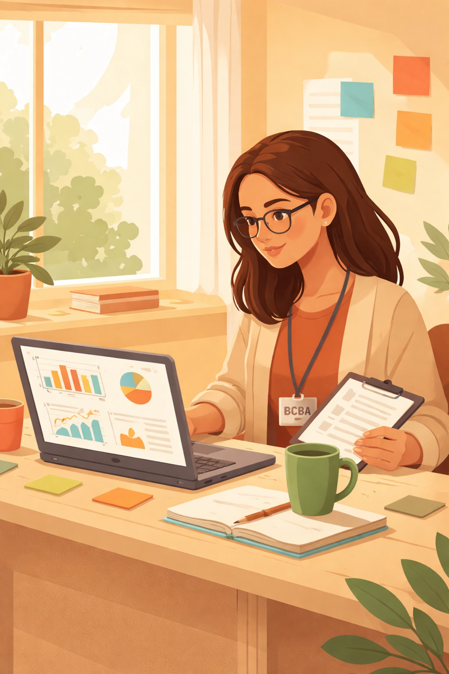 BCBA professional quietly reviewing data graphs during ABA supervision session at a bright, comfortable desk.