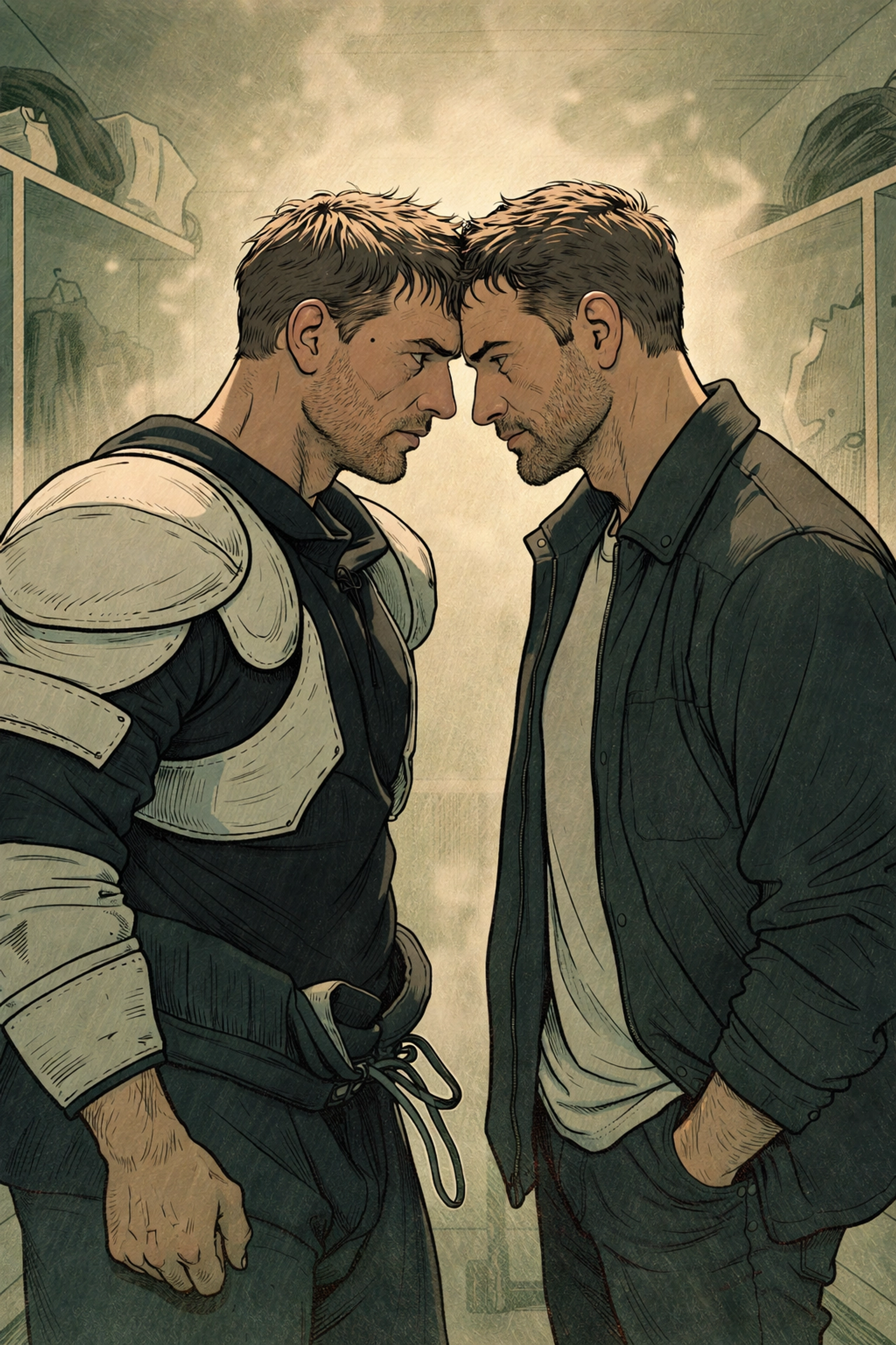 Two men in an intimate locker room moment depicting closeted gay sports romance