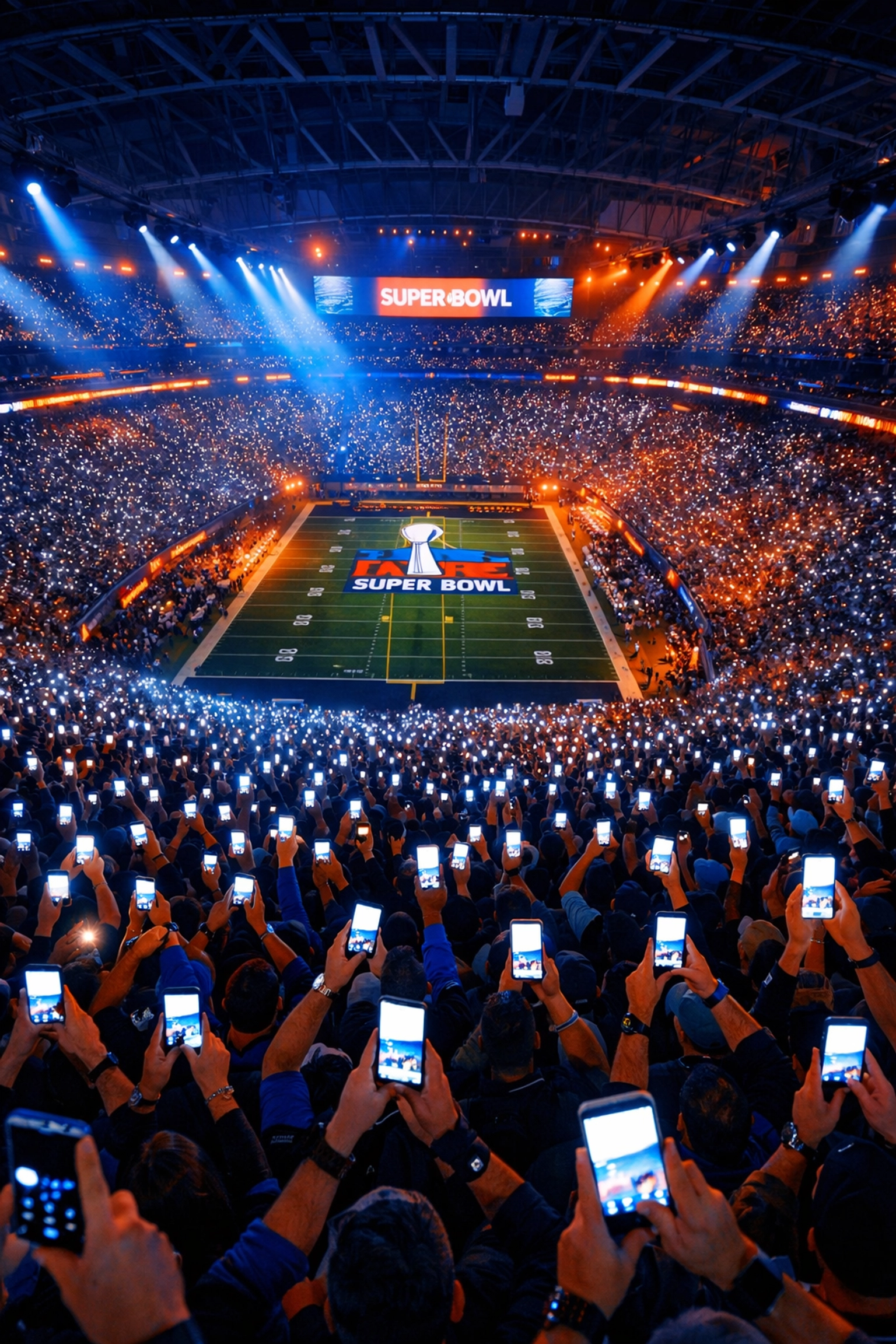 Super Bowl fans holding smartphones creating social media engagement during the big game