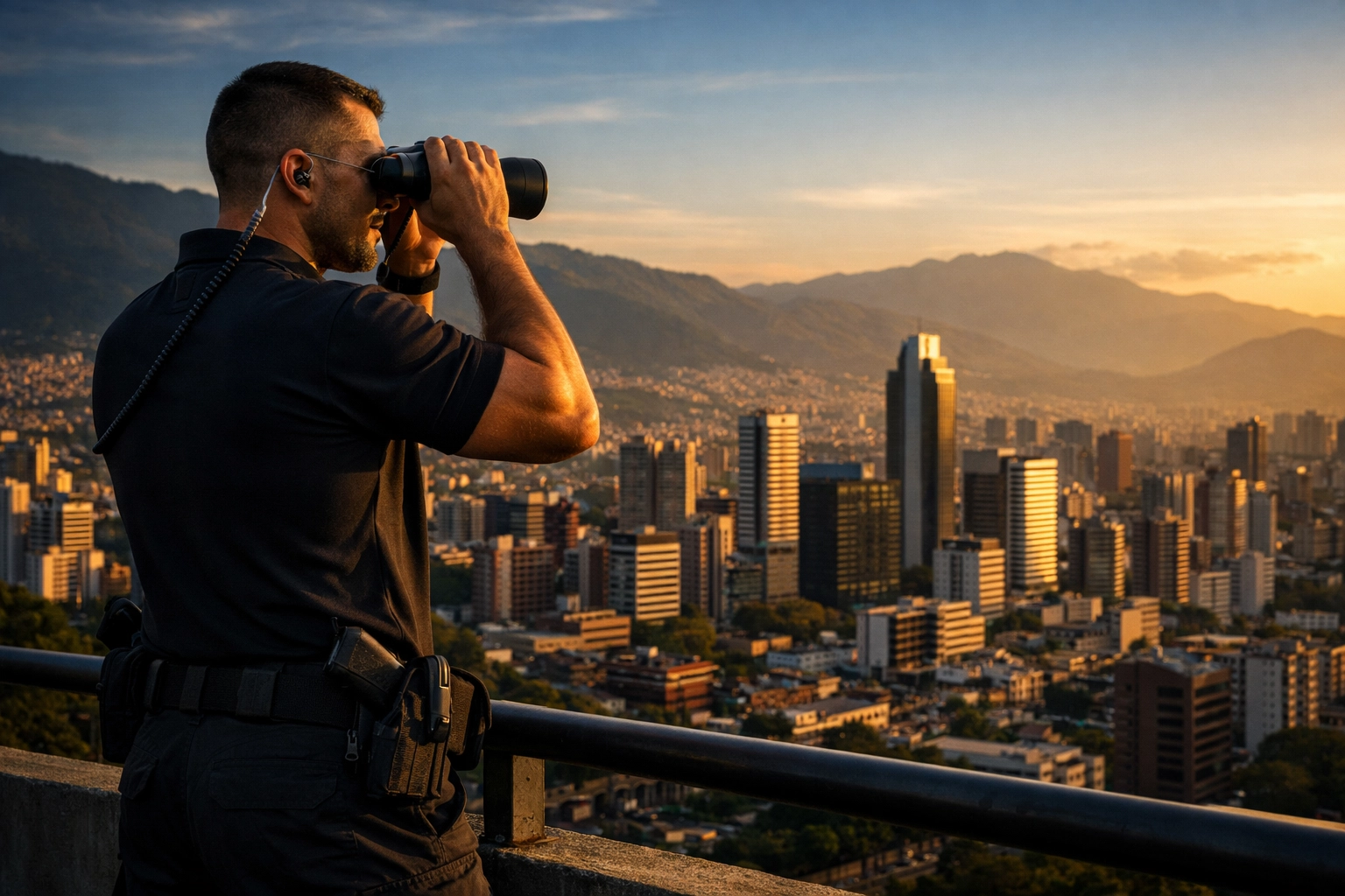Professional bodyguard conducting surveillance over Medellin skyline for threat prevention