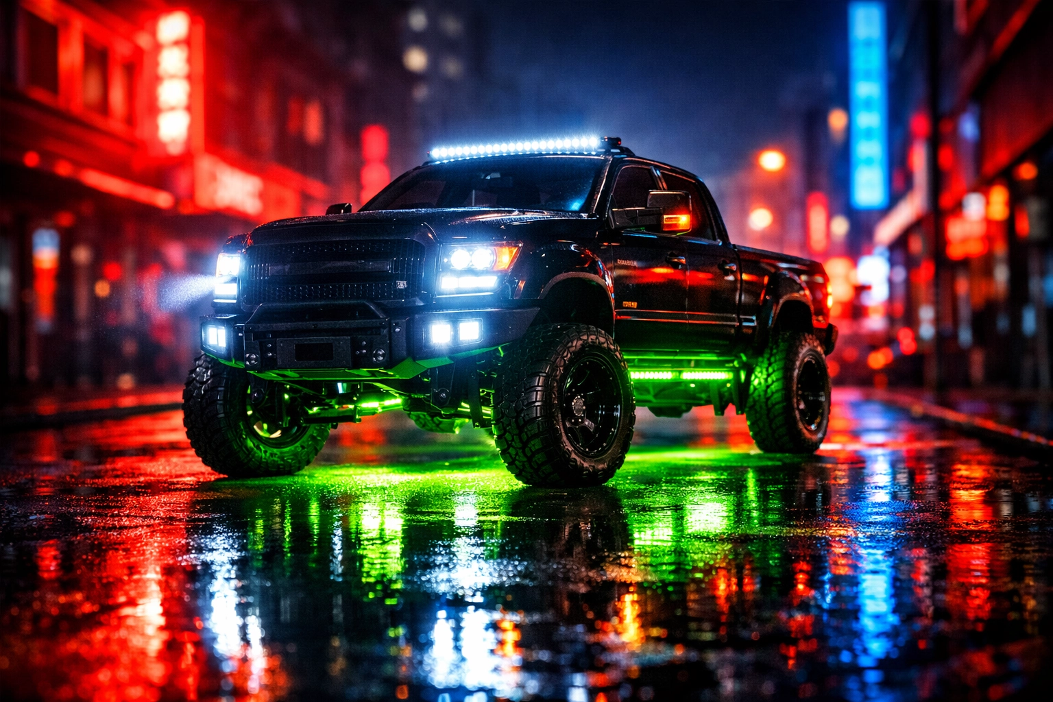 Customized lifted truck with vibrant LED lighting and underglow installed by Ultimate Sounds Chattanooga.