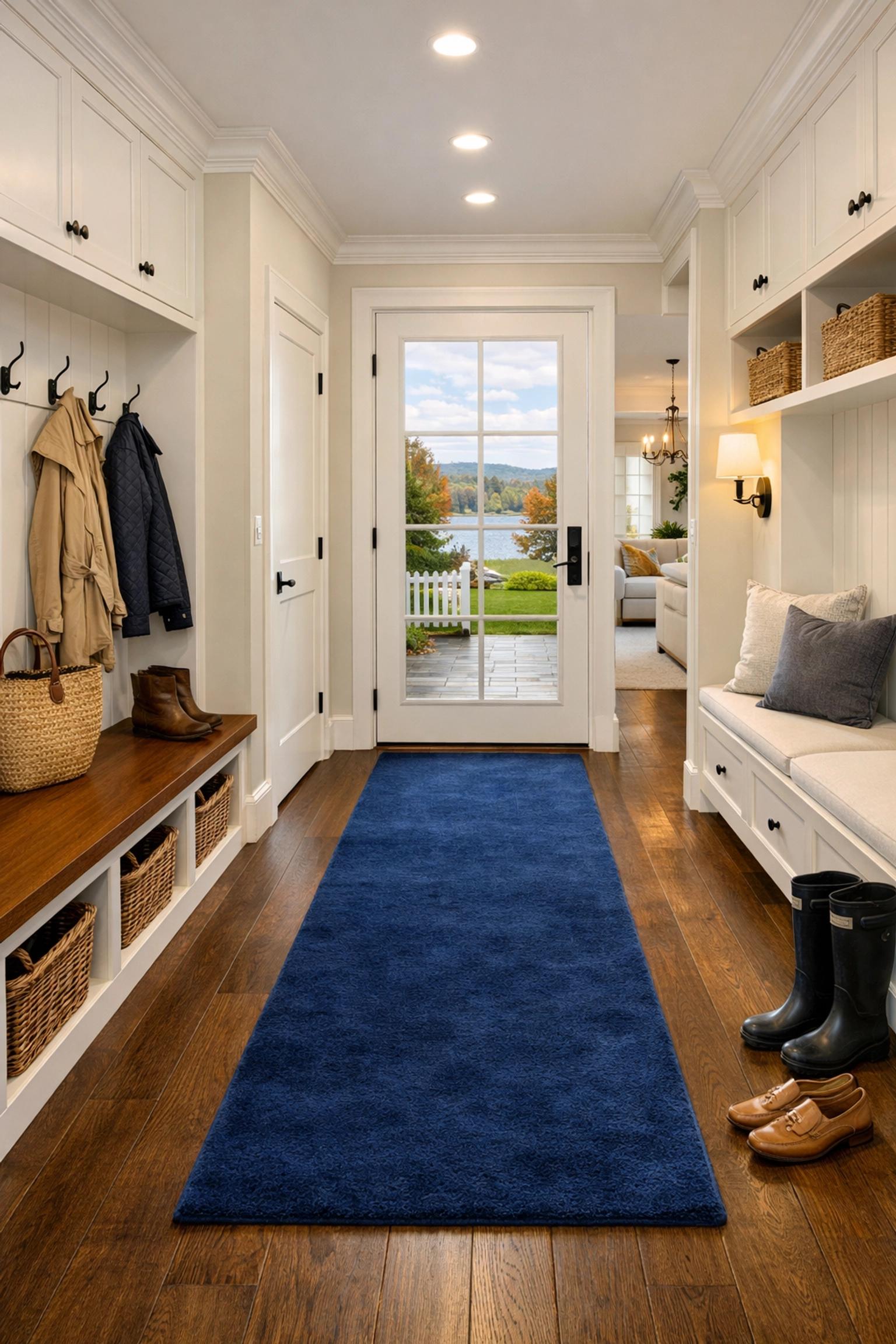 Spotless luxury mudroom with dark oak floors, maintained using pro Wellesley Cleaning Secrets.