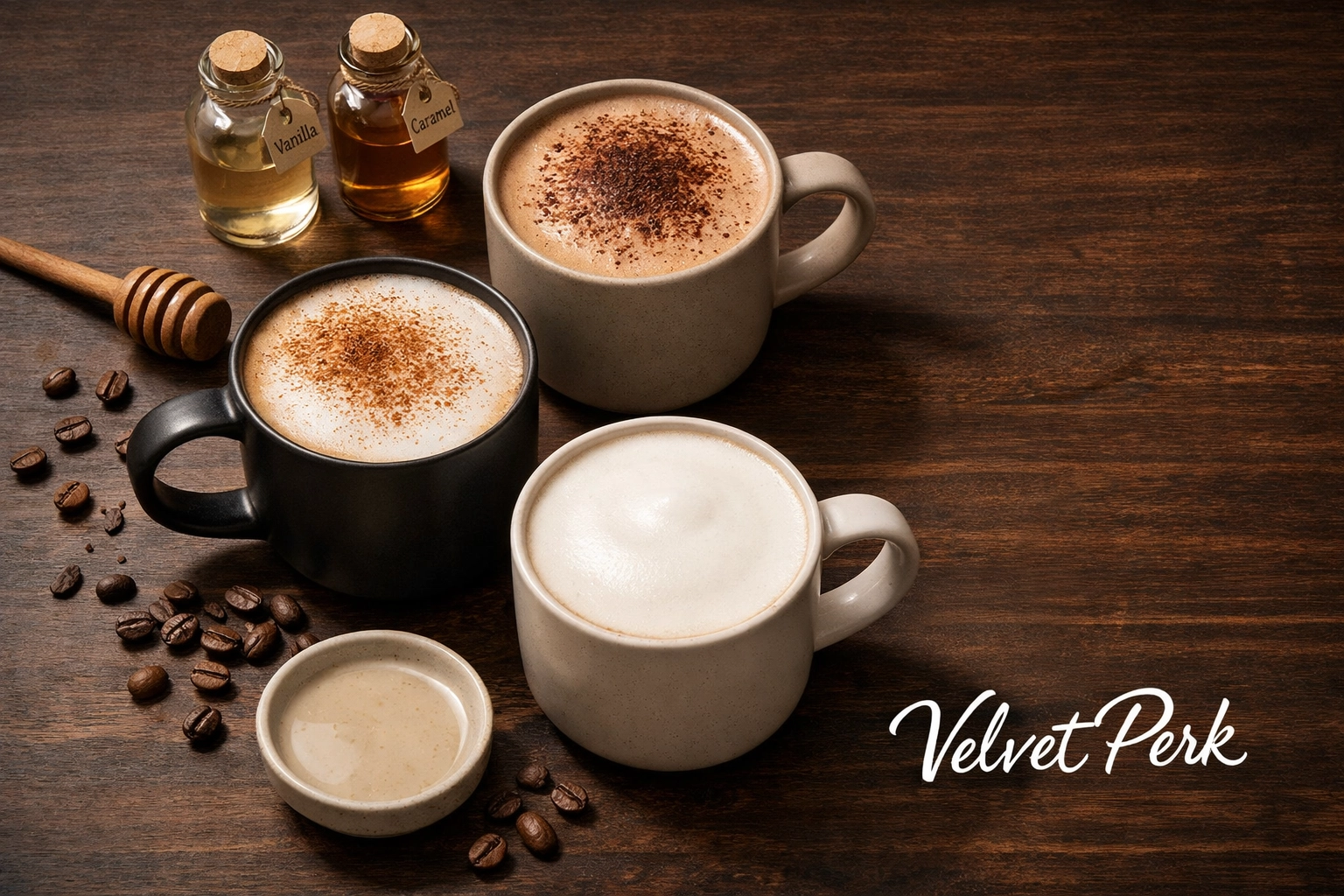 Three customized latte variations with syrups, spices, and coffee beans on wooden surface