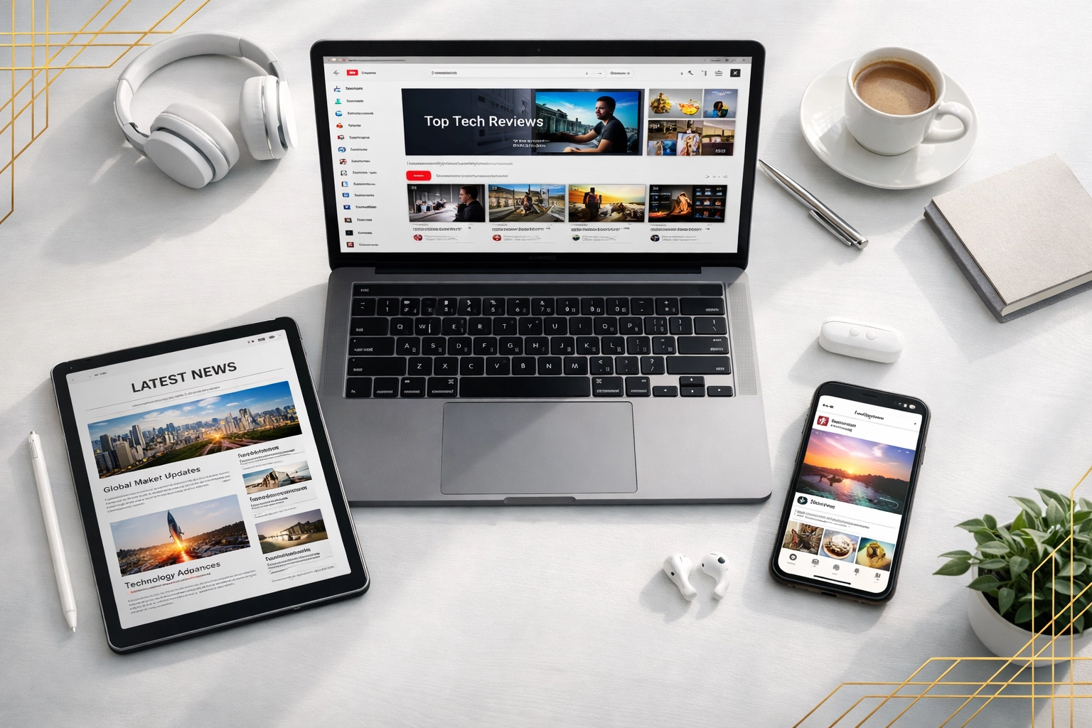 Multiple devices displaying different digital marketing platforms for strategic content distribution