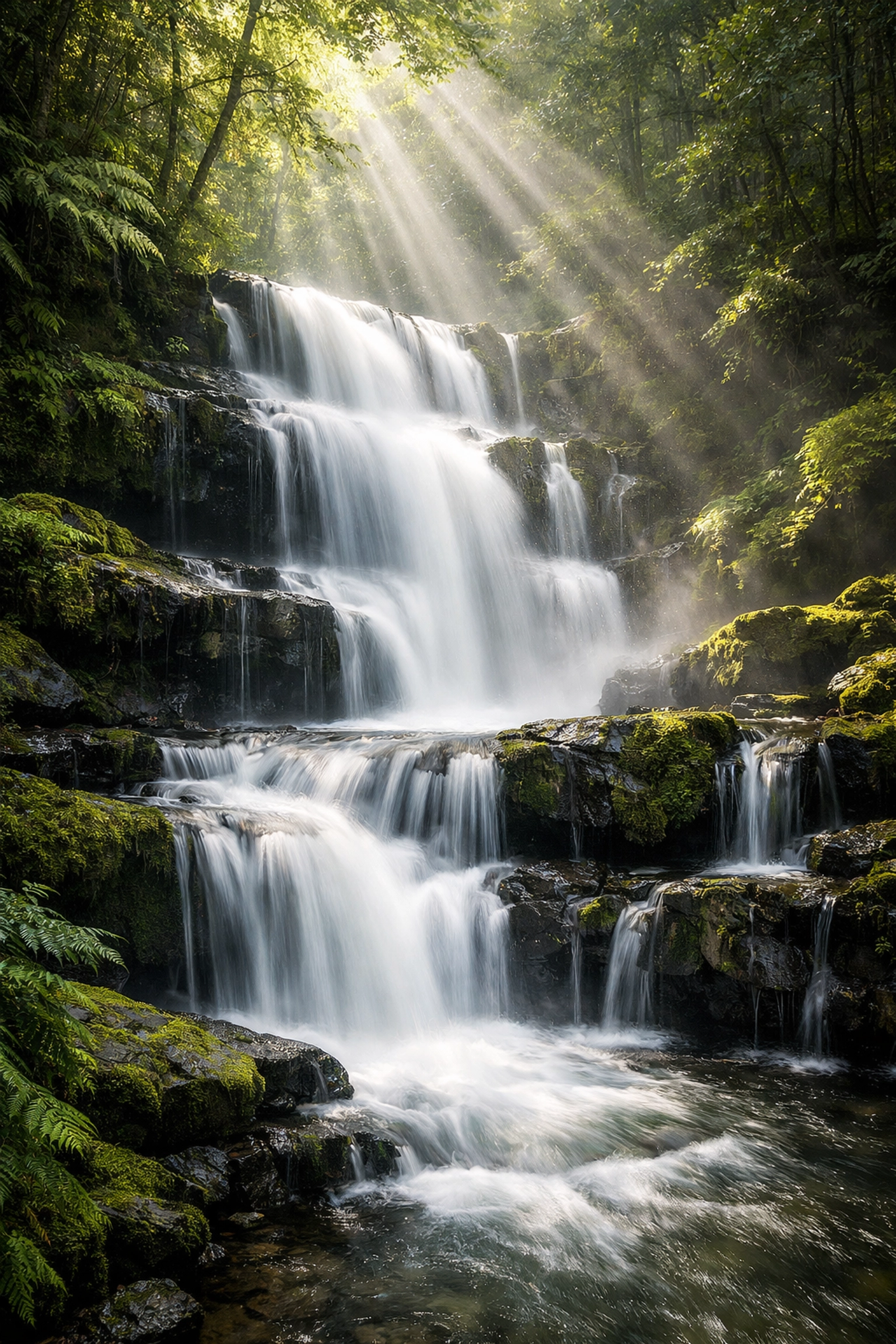 Silky long exposure waterfall in a green forest, highlighting professional landscape photography tips for water.