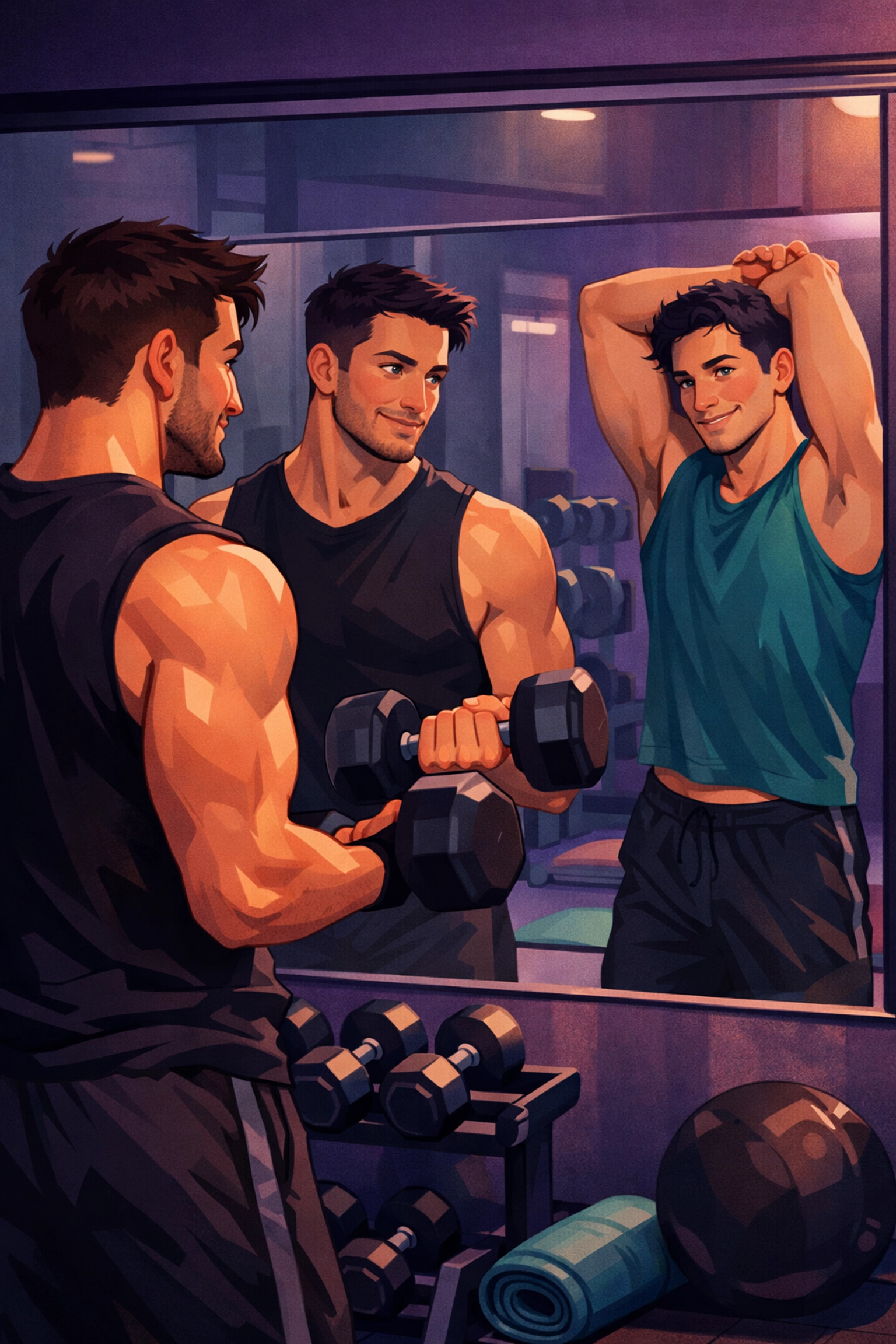 Two men at gym making eye contact through mirror, capturing mutual attraction and gym romance