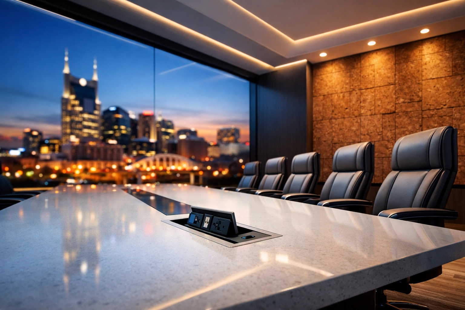 High-tech Nashville executive boardroom with quartz table and skyline views after a commercial remodel.