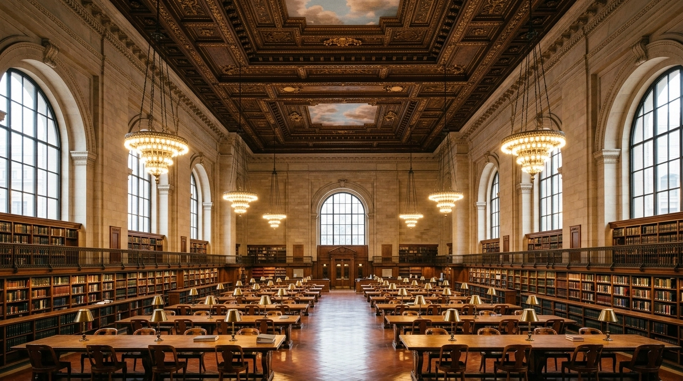 A grand New York library interior bathed in warm light, quiet and luxurious with no people in sight.