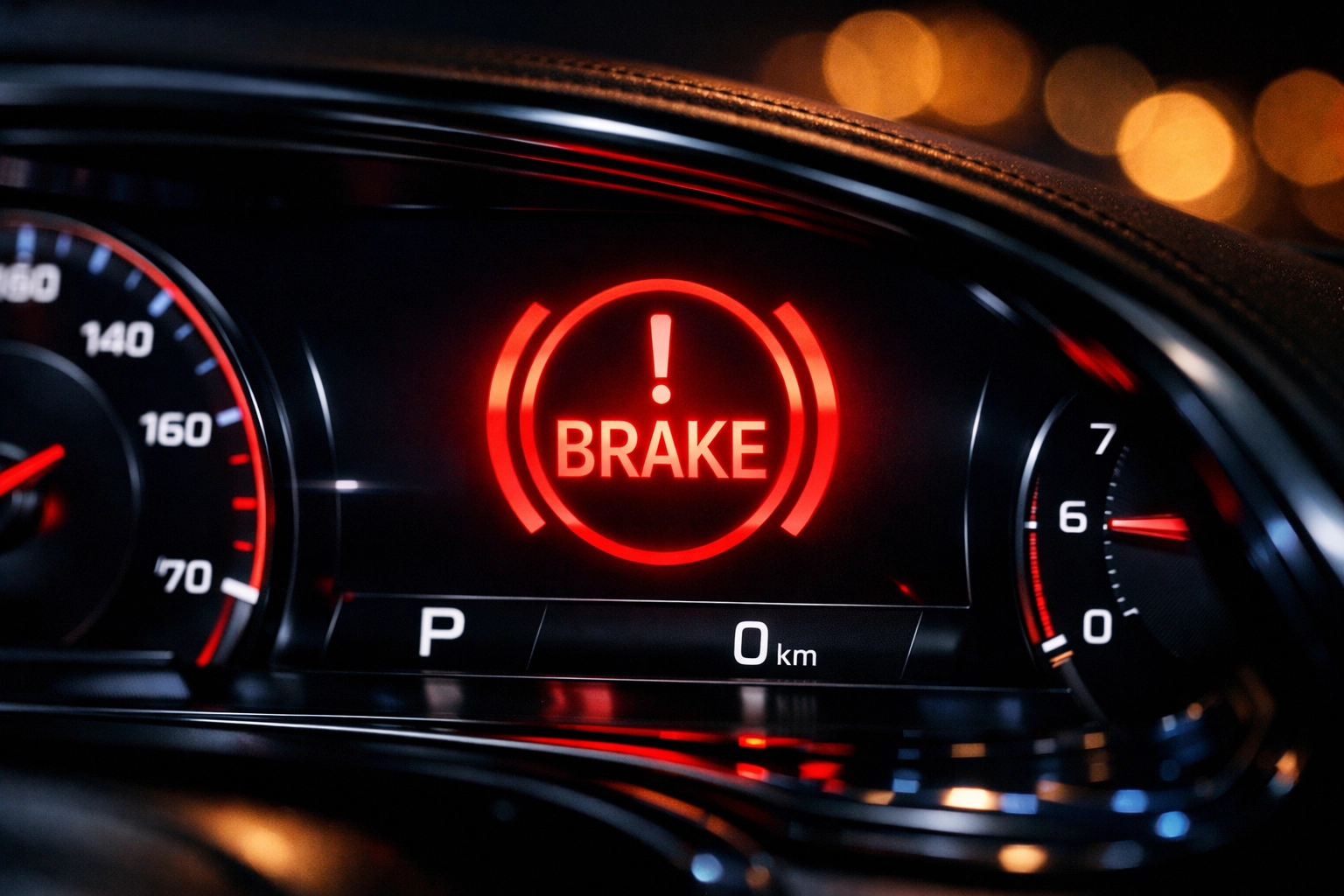 Red brake warning light on a car dashboard signaling the need for expert brake repair in Alexandria, VA.