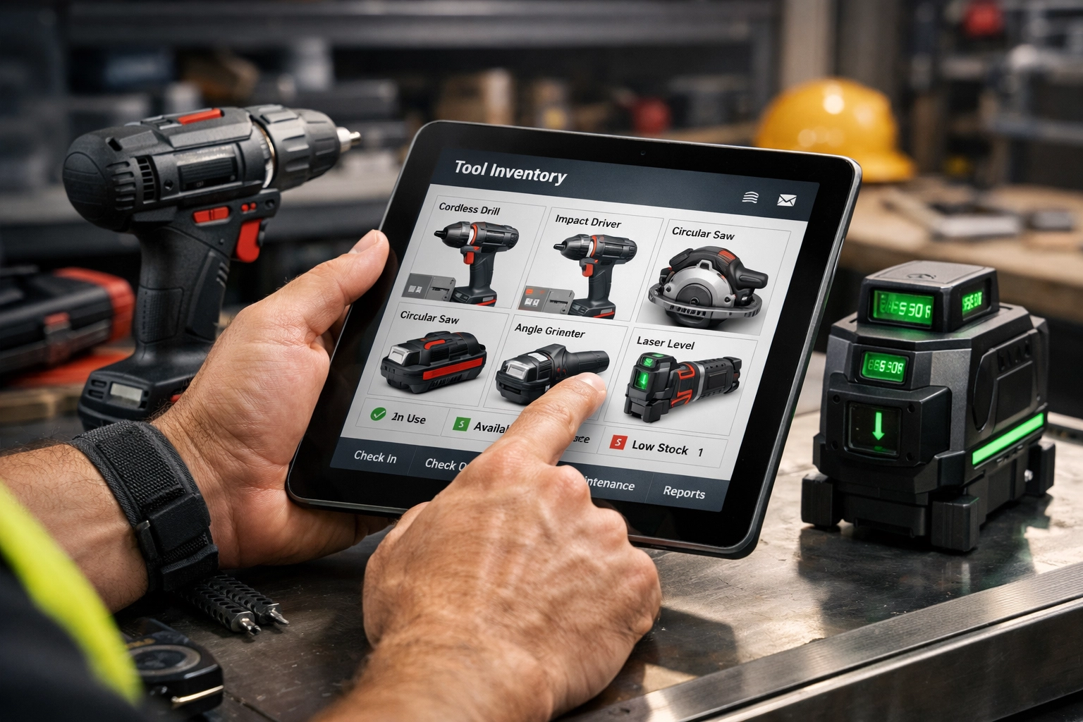 Washington specialty contractor tracking equipment inventory on a tablet for risk management and compliance.