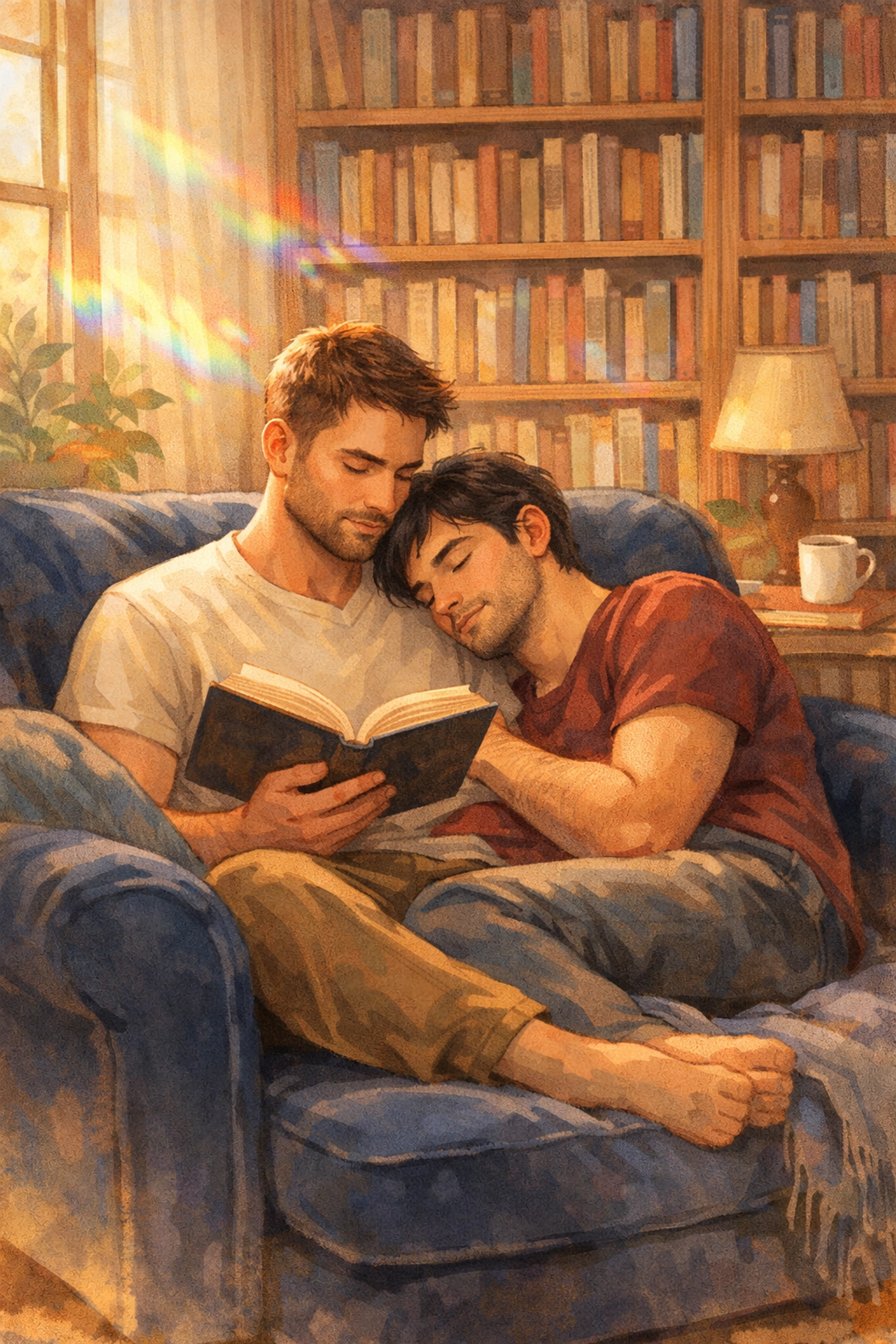 A peaceful gay couple reading an MM romance book in a library, showing the healing power of queer fiction.