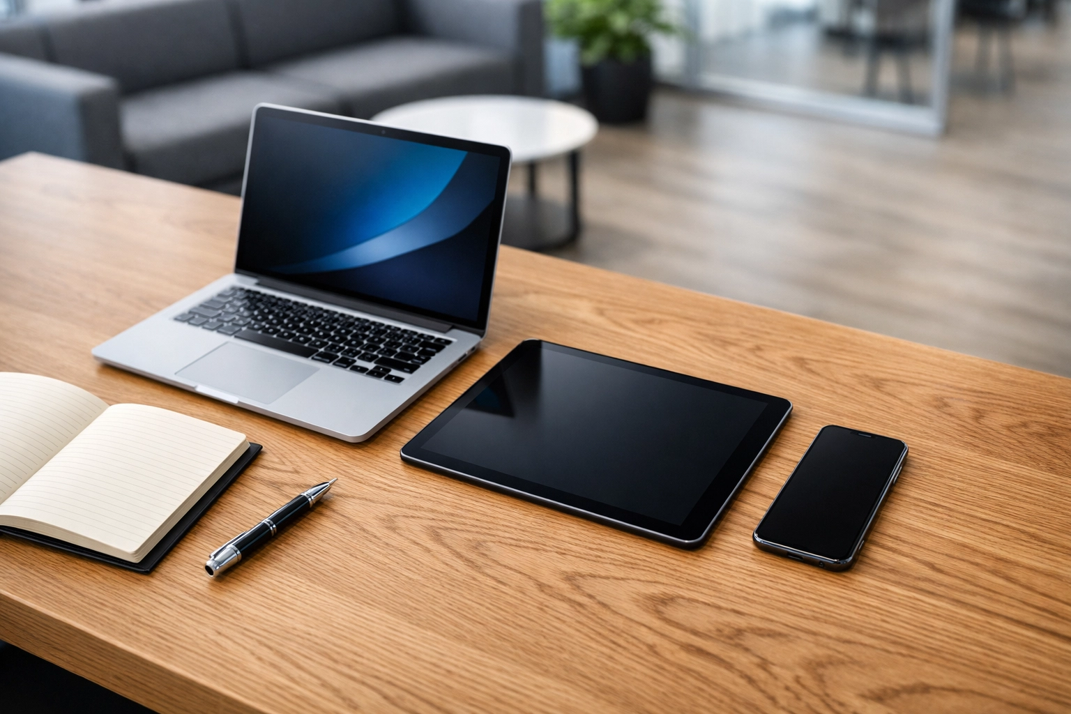 Organised office workstation with a laptop and tablet, representing business contents insurance.