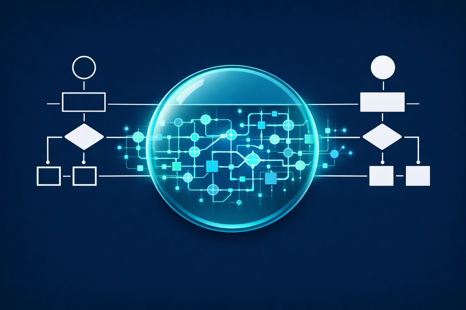 Conceptual X-ray of a business process flowchart revealing hidden bottlenecks through process mining data logs.