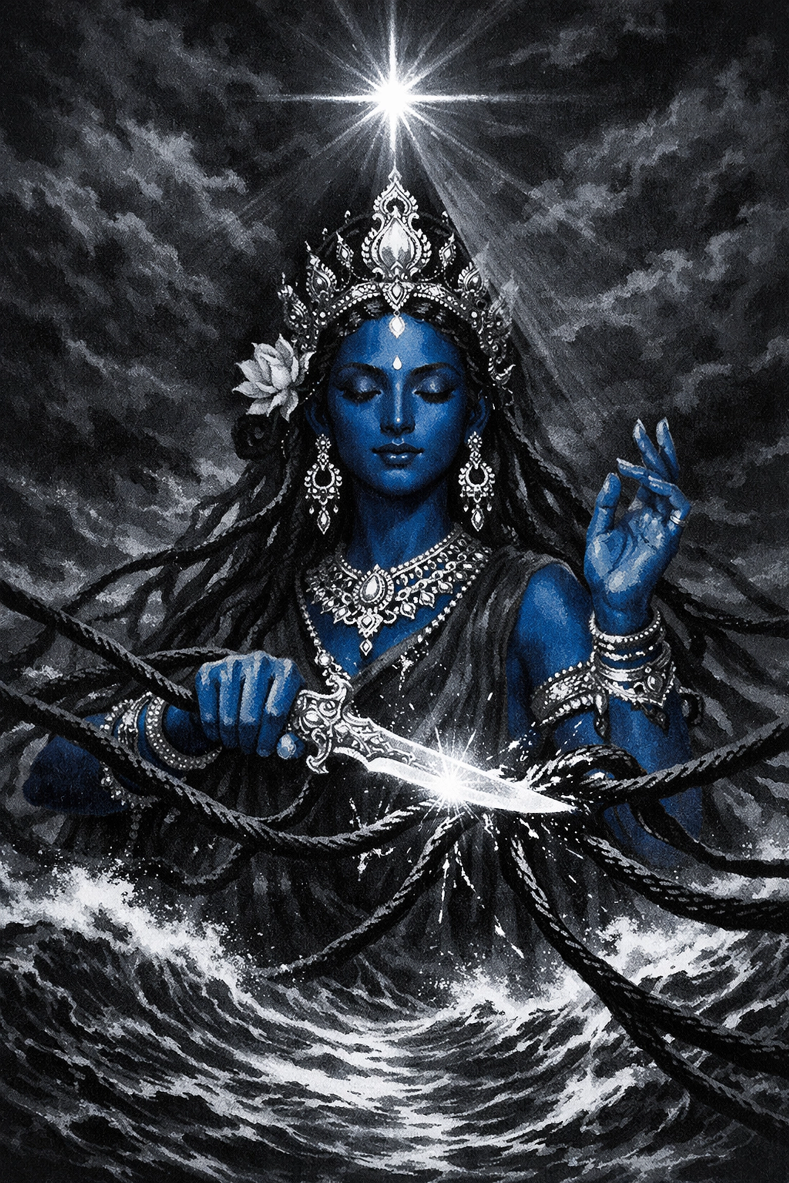 Goddess Tara as the Mahavidya guide crossing the ocean of existence with a sacred ritual blade.