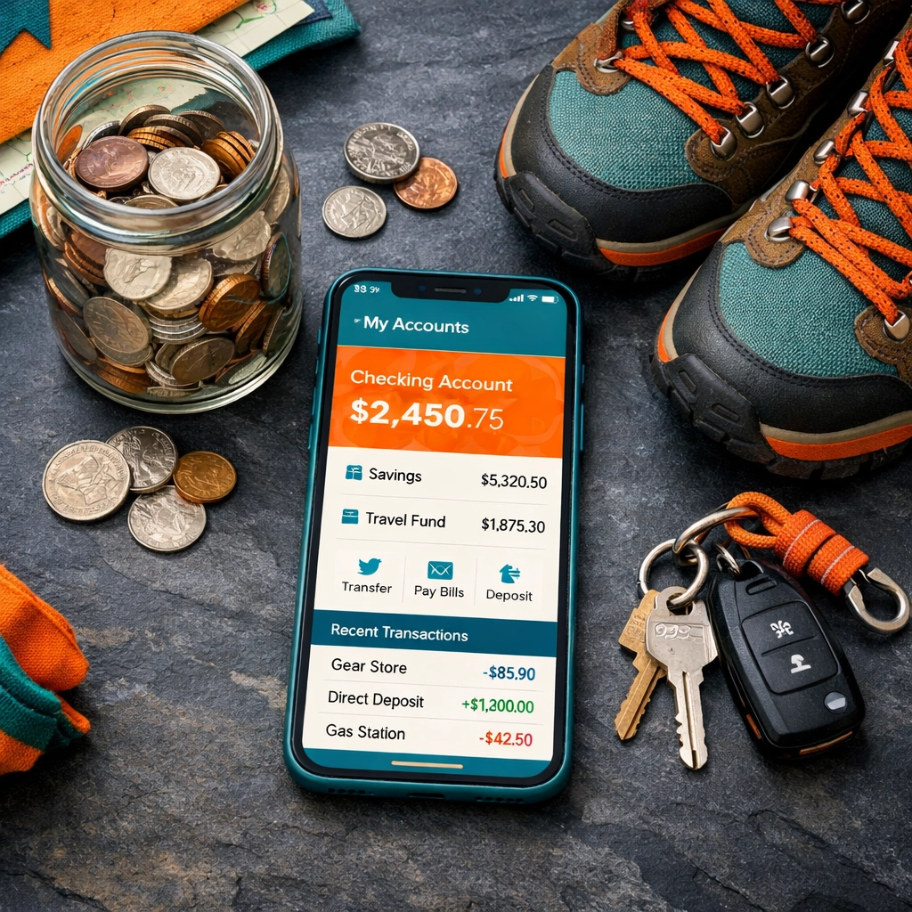 Mobile banking app and savings jar used by San Marcos business owners to track quarterly tax payments.