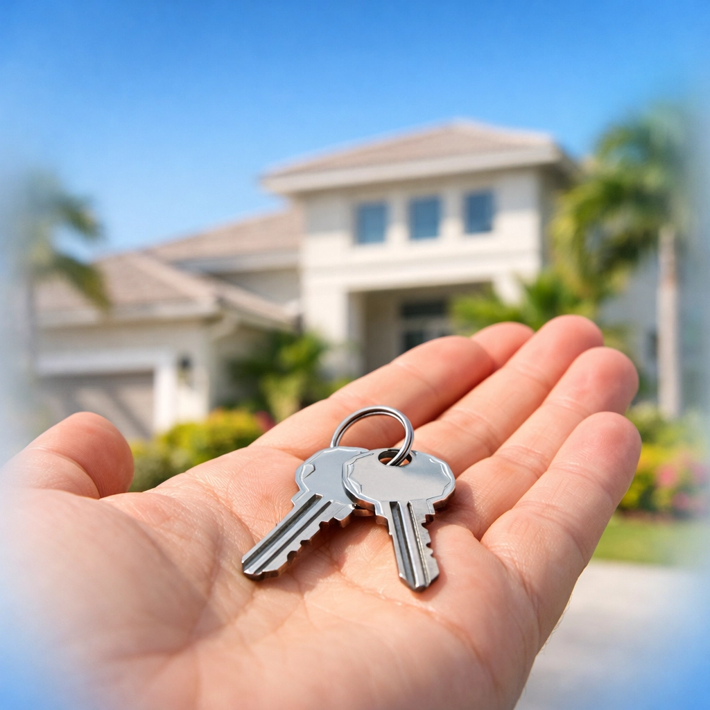 Close-up of house keys in front of a Fort Myers home, representing a clean break and cash offer to avoid foreclosure.