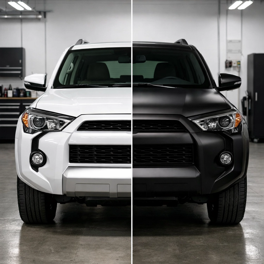 Before and after vehicle transformation showing white paint and black vinyl wrap