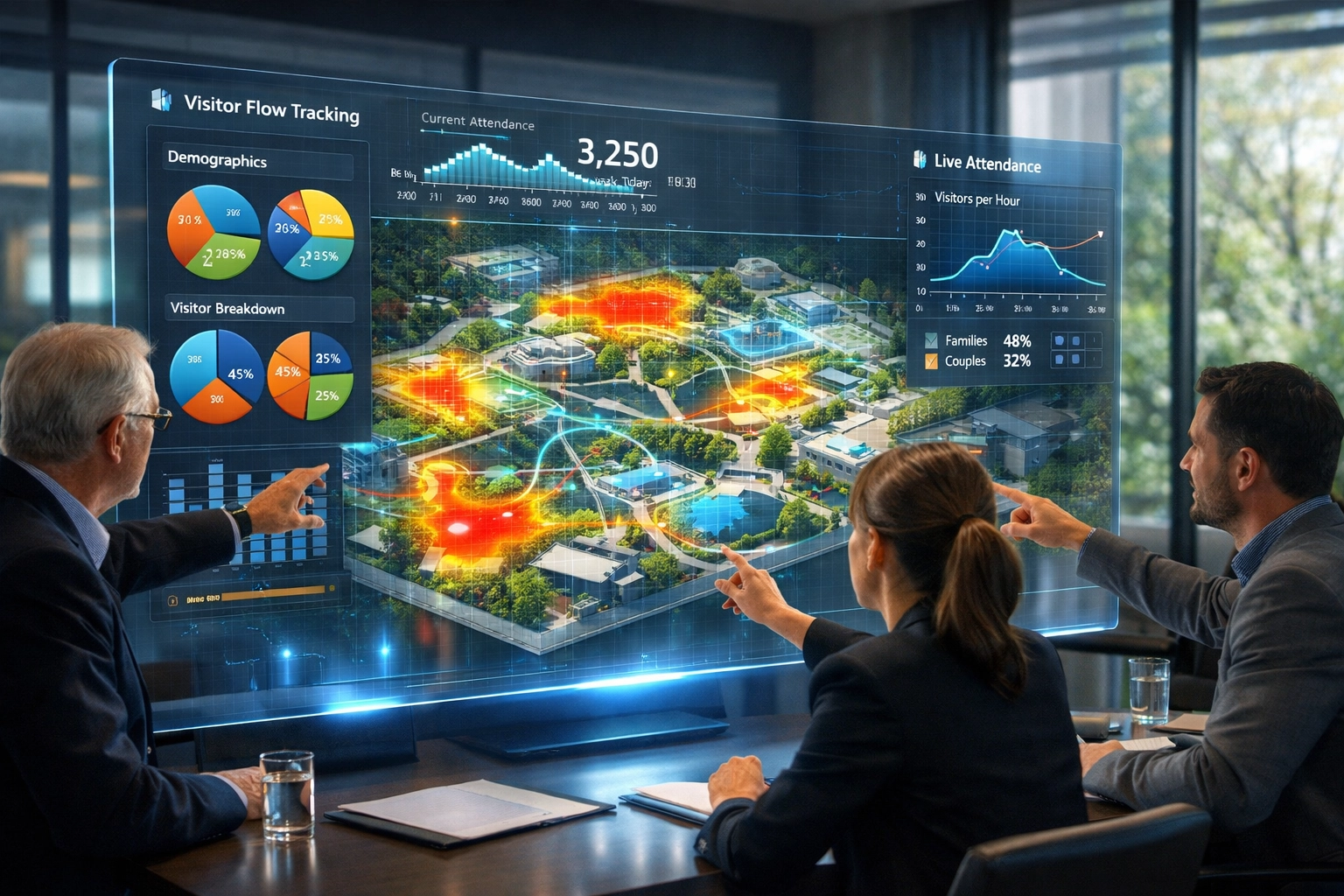 Zoo directors analyzing visitor flow data and analytics using smart venue technology dashboard