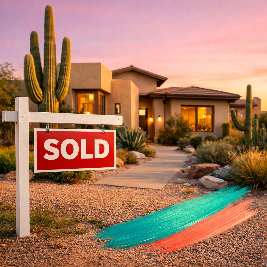 Sold sign in front of Arizona desert home with modern landscaping at sunset Sold sign in front of Arizona desert home with modern landscaping at sunset