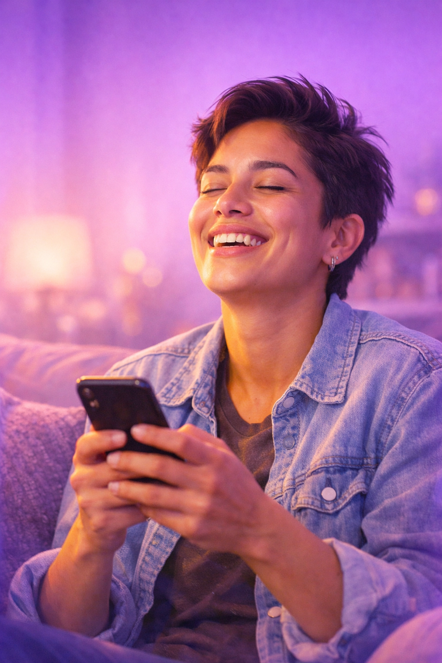 Relieved person on a sofa after receiving an emergency loan for bad credit in Canada via smartphone.