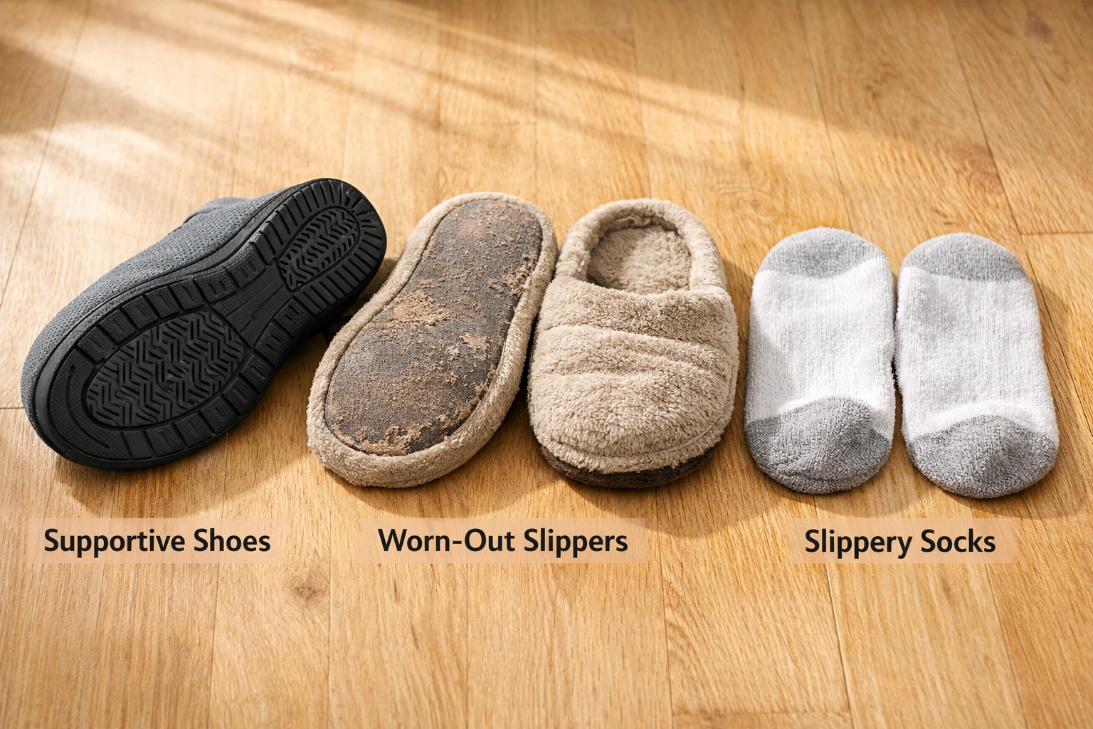 Comparison of safe non-slip indoor shoes versus worn slippers and socks for senior balance safety