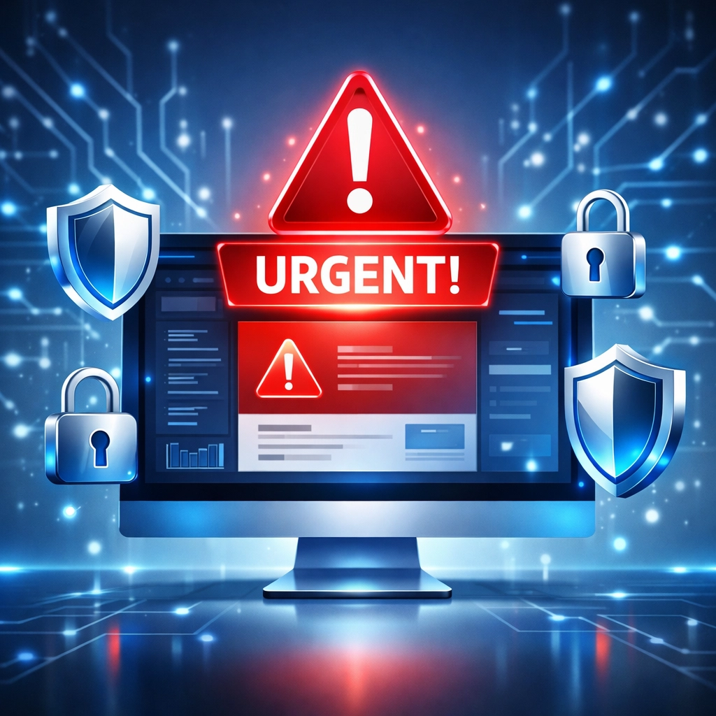 Computer screen displaying phishing security alert with protective shields and warning symbols