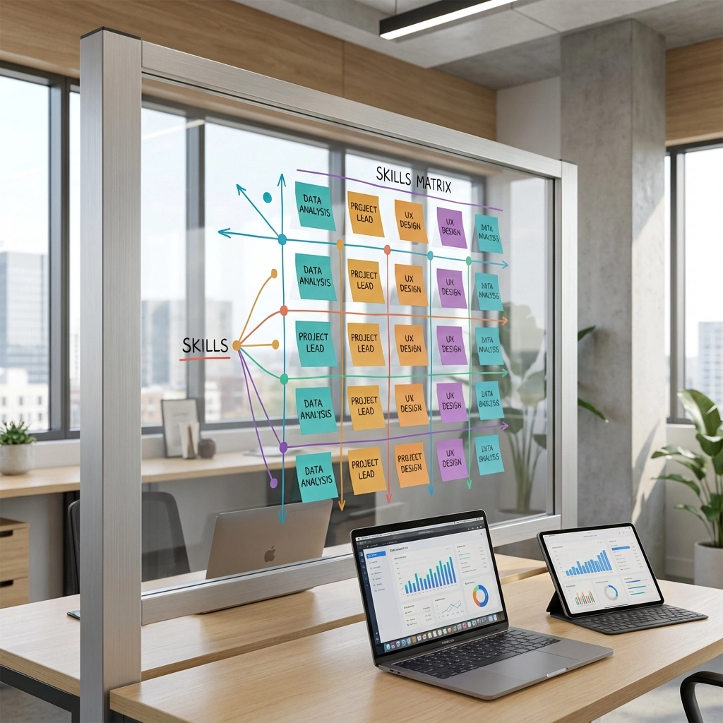 Blick auf ein Whiteboard mit bunter Skills-Matrix in hellem Büro, symbolisiert gezielte Kompetenzvermittlung zu AI Literacy für Mitarbeitende in KMU.