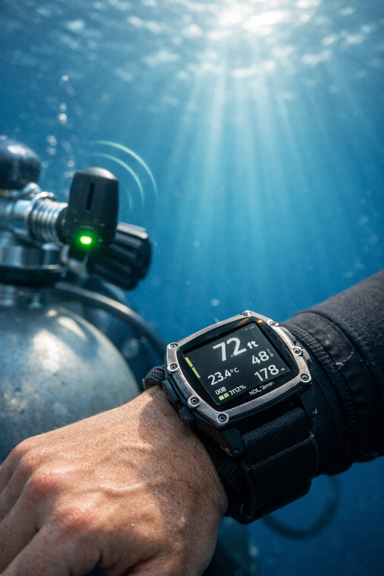 Garmin Descent Mk3i am Handgelenk mit kabellosem Transmitter für Luftintegration.