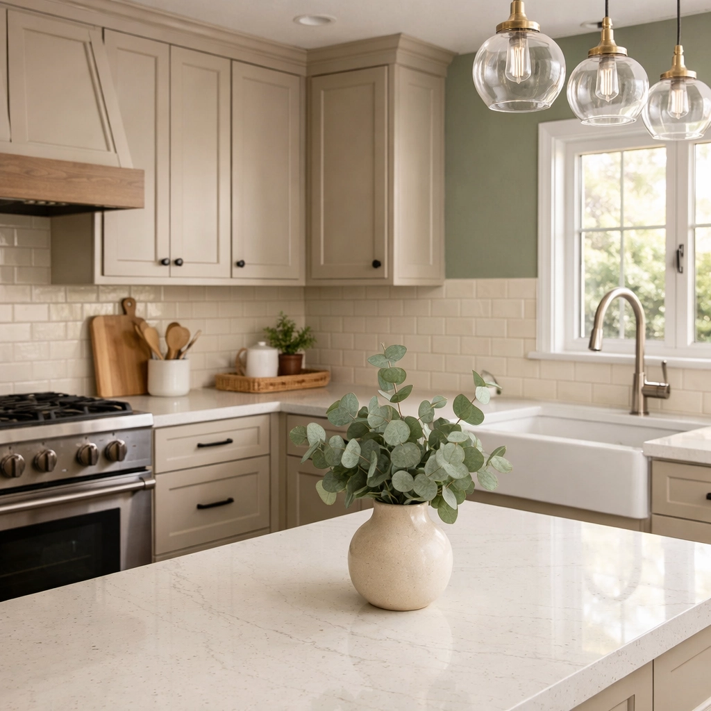 Kitchen remodeling Orlando featuring warm greige cabinets and natural materials in transitional style