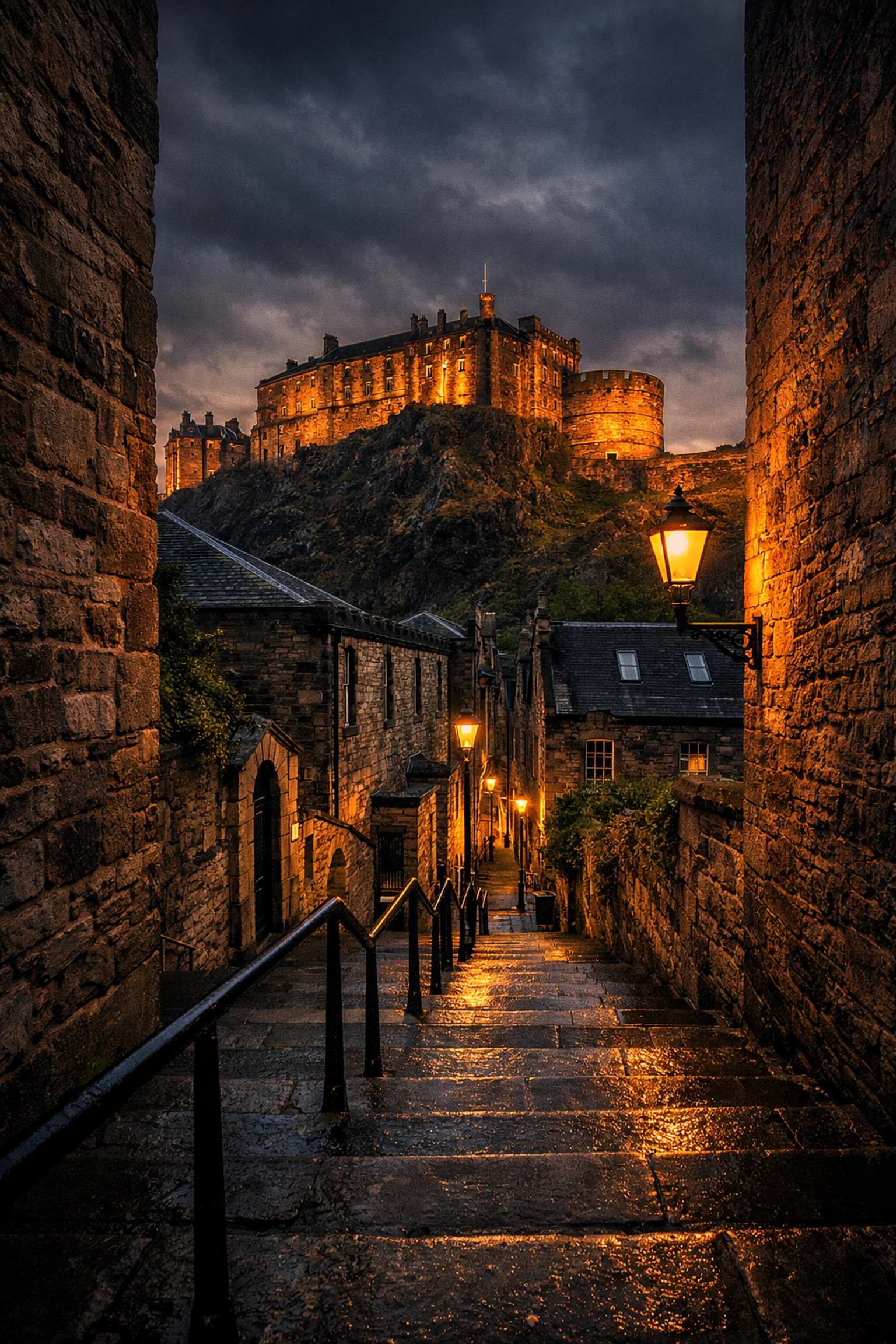 Edinburgh Castle framed by the historic Vennel Stairs, a top photography spot in Scotland.