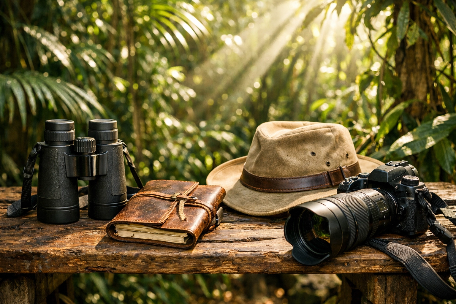 Essential safari gear and camera ready for a trek in a natural habitat for chimpanzees in Uganda.