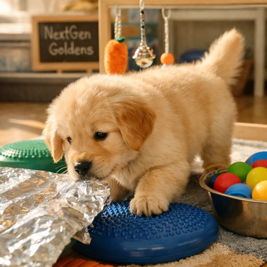 NextGen Goldens puppy during early socialization training in Oregon