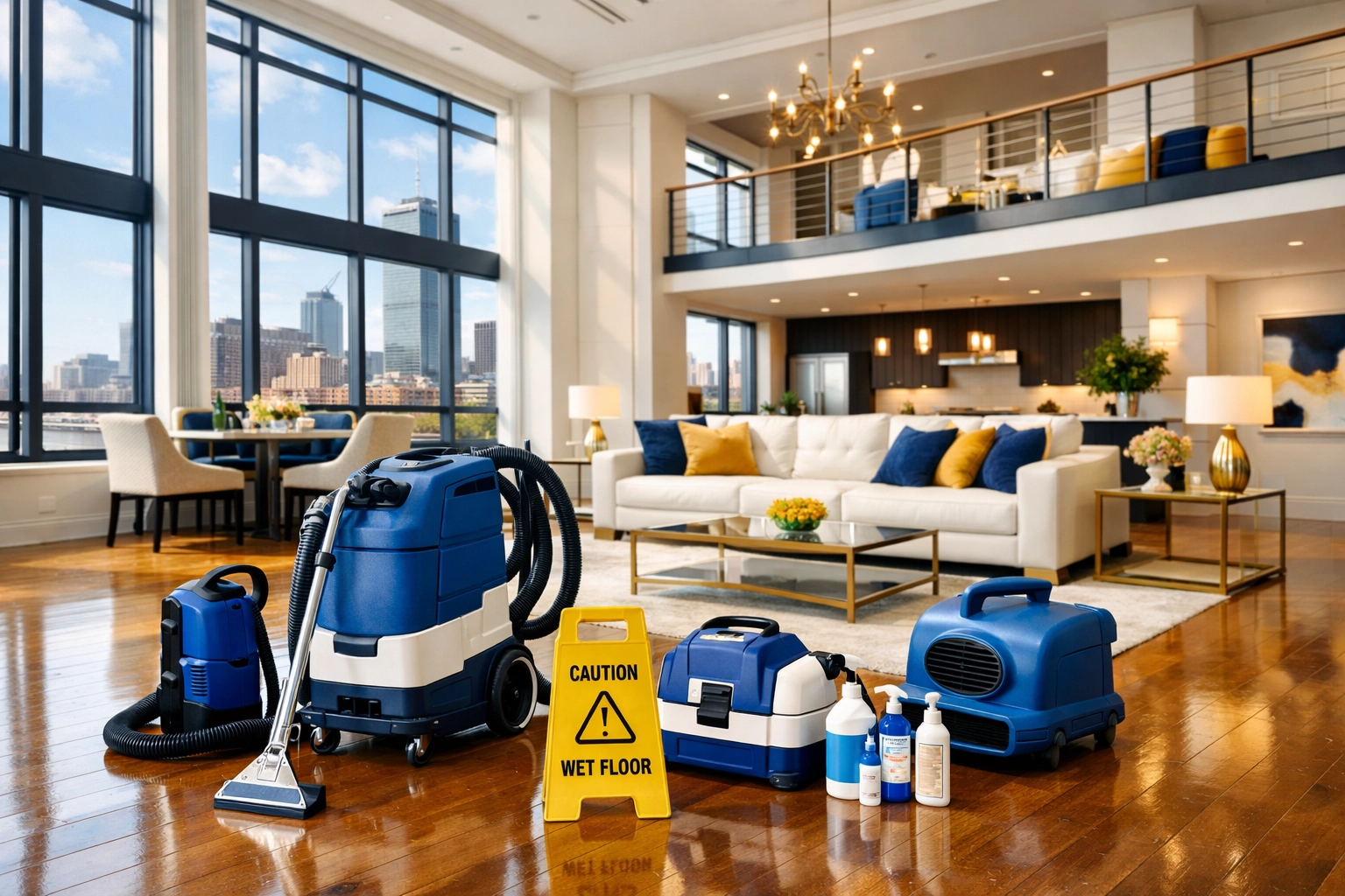 Professional-grade equipment ready for post-construction cleaning MA in a spacious modern Boston loft.