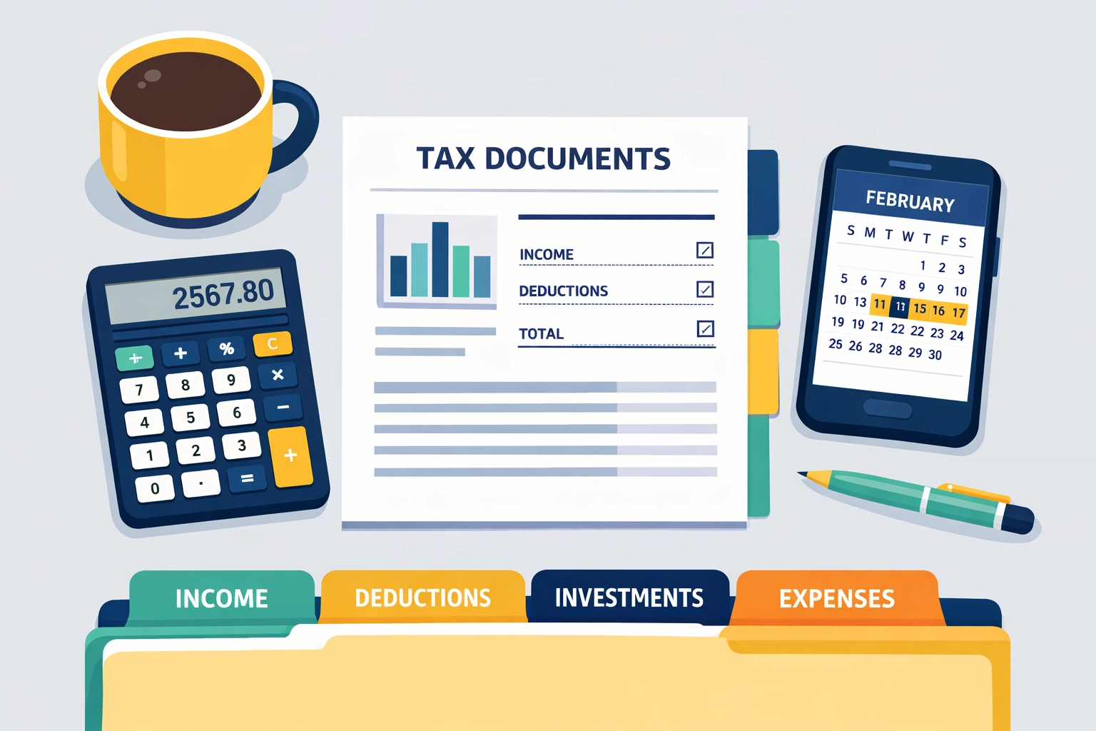Organized tax planning workspace with documents, calculator, and calendar for New Haven taxpayers