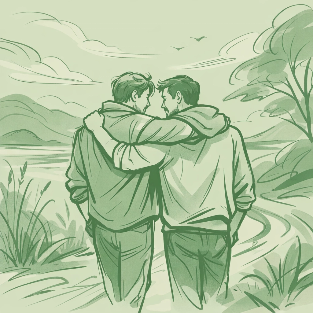 Lyrical illustration of two men walking together, showing the evocative romantic bond found in literary MM romance.