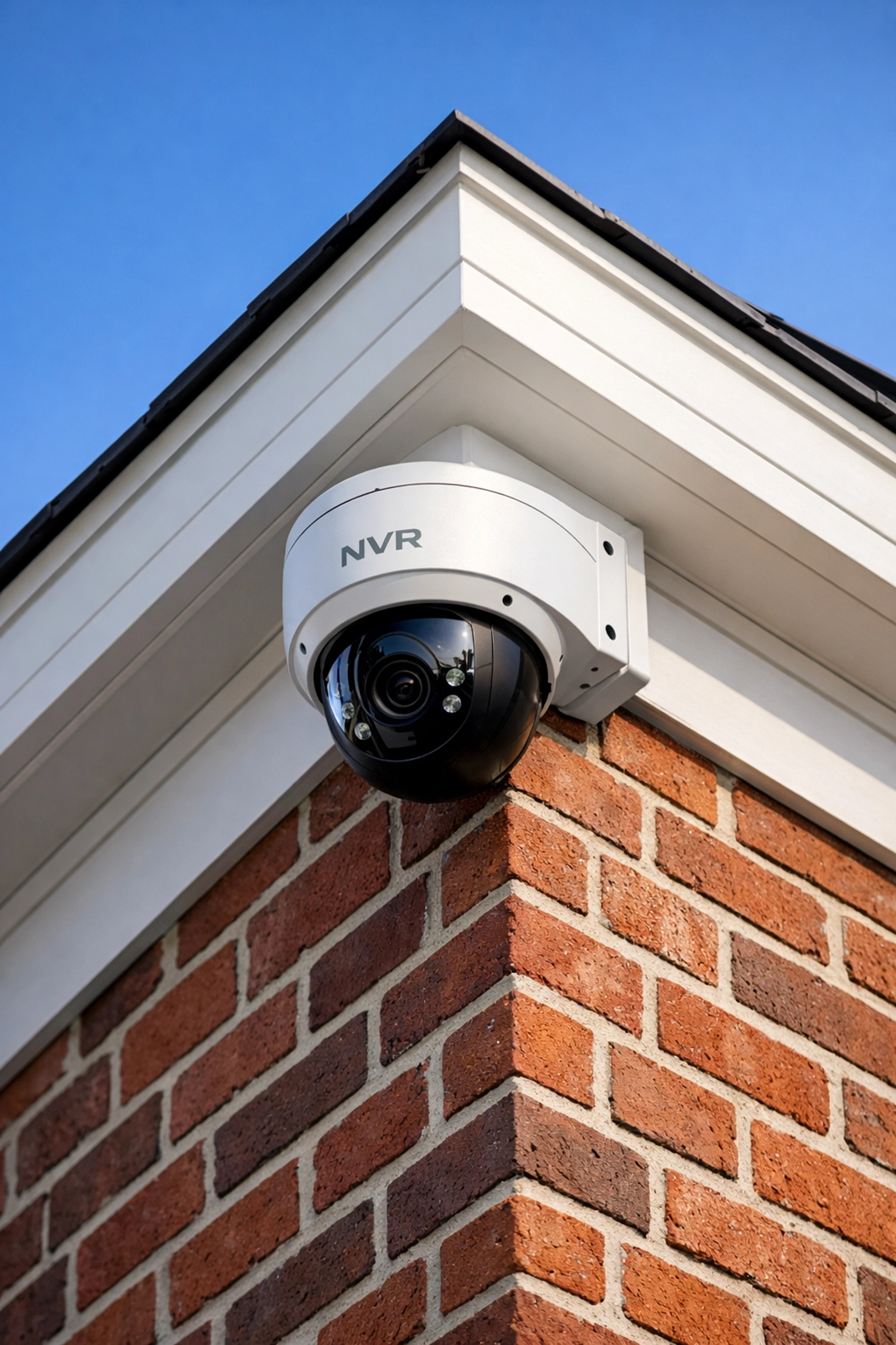 Professional installation of a modern NVR IP security camera on a residential brick wall in Taunton.