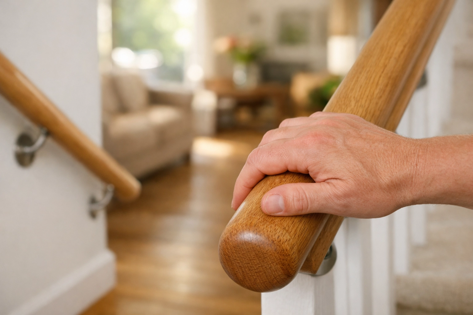 Close-up of a hand grasping a sturdy oak handrail on a safe, double-railed staircase.