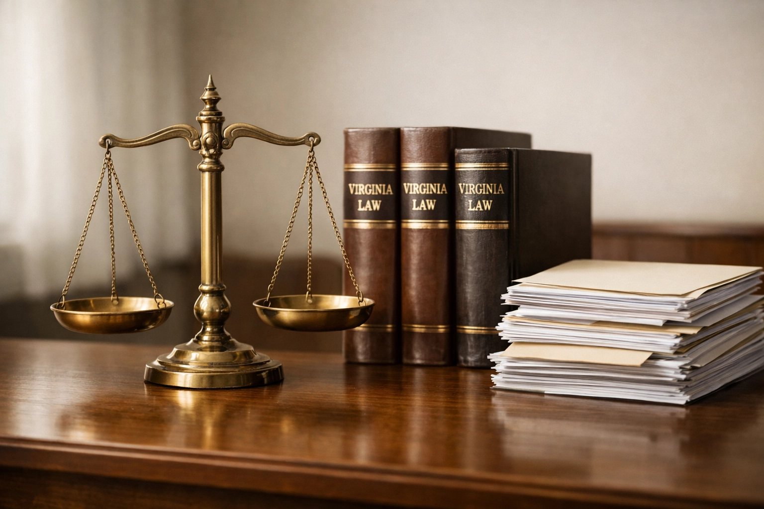 Brass scales of justice beside Virginia law books and neatly stacked documents on a wooden table