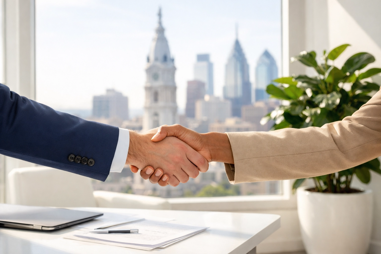 Handshake in a sunny office with the Philadelphia skyline, symbolizing a hard money lending partnership.