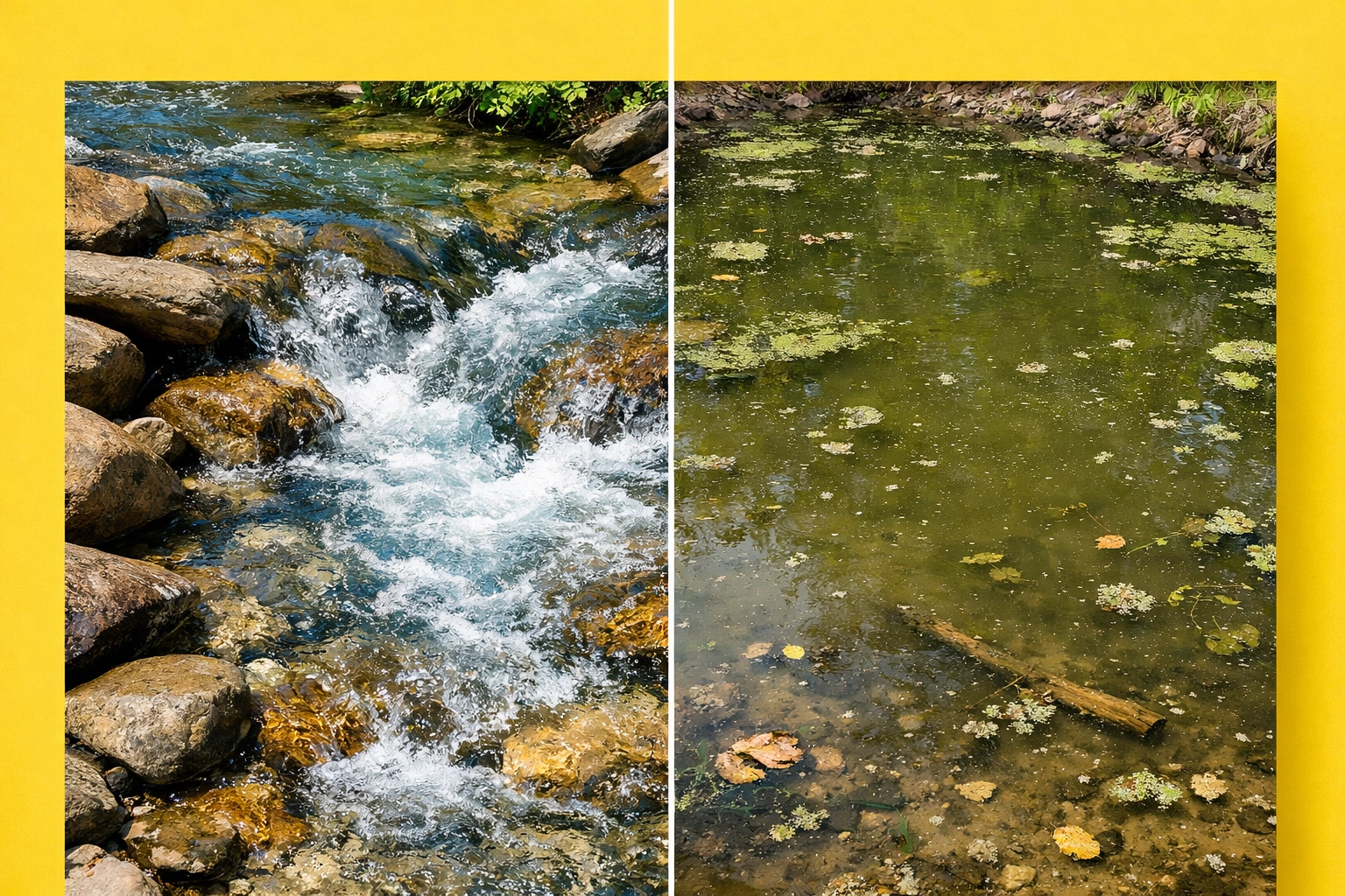 Comparison of clean flowing stream water versus stagnant pond water showing why cats prefer moving water
