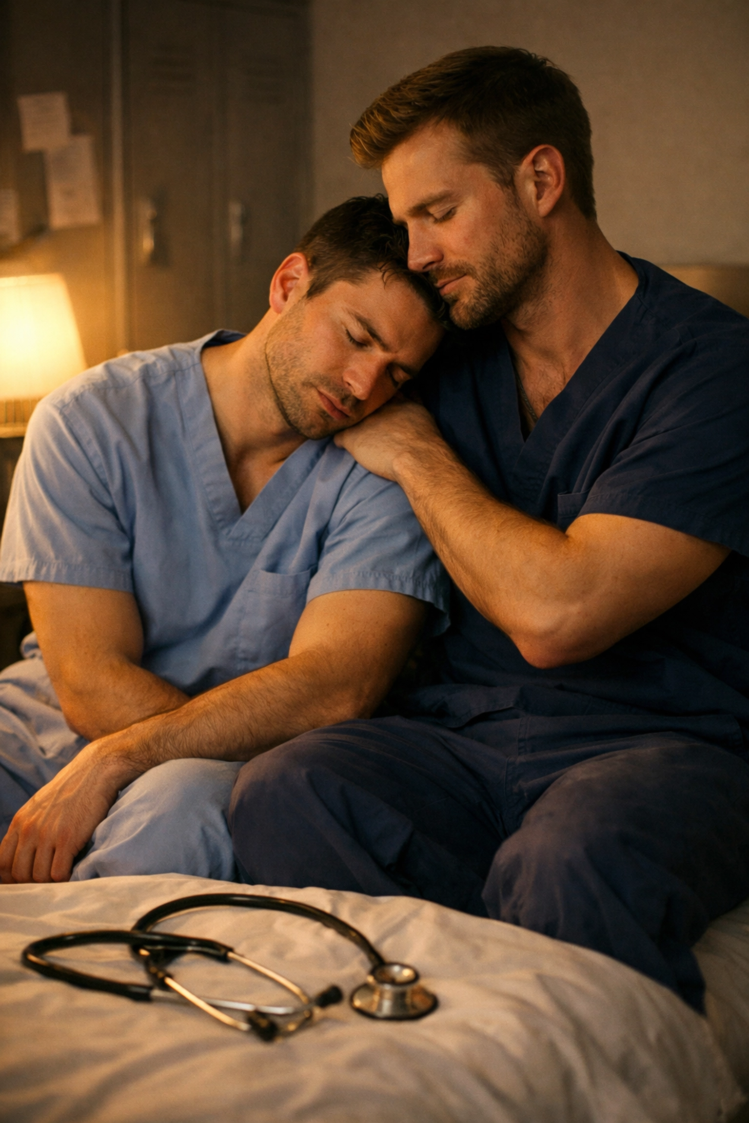Two male medical staff in an on-call room, illustrating the forced proximity trope popular in gay romance novels.