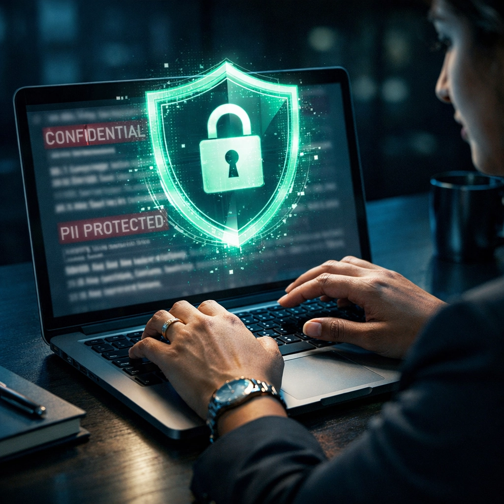Business executive protecting sensitive data and PII with secure AI practices