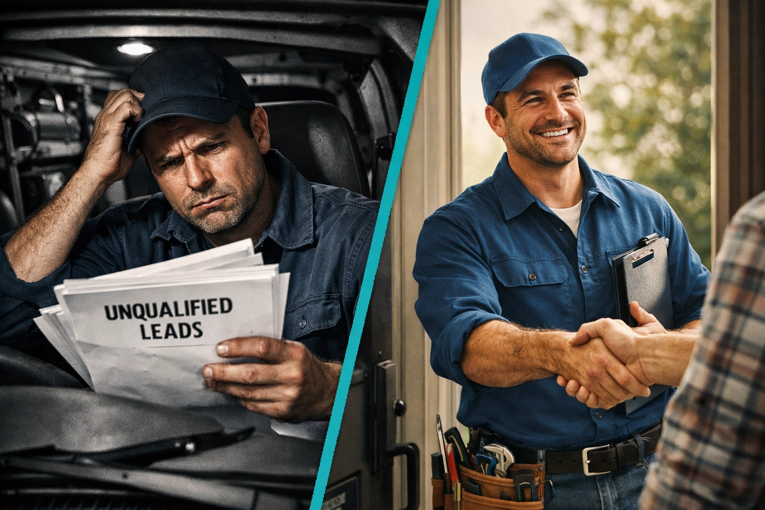 Contractor comparing low-quality leads versus successful job bookings from Google Ads campaigns