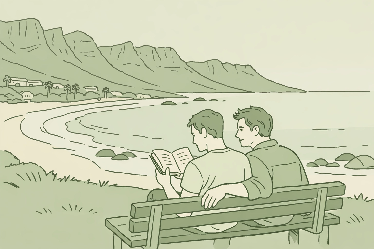 Gay couple at Camps Bay overlooking Twelve Apostles mountains - literary MM romance in South Africa