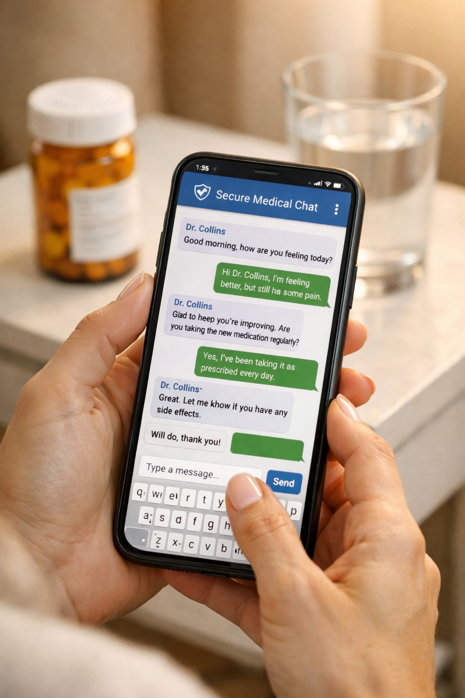 Texting doctor about UTI treatment with prescription medication nearby