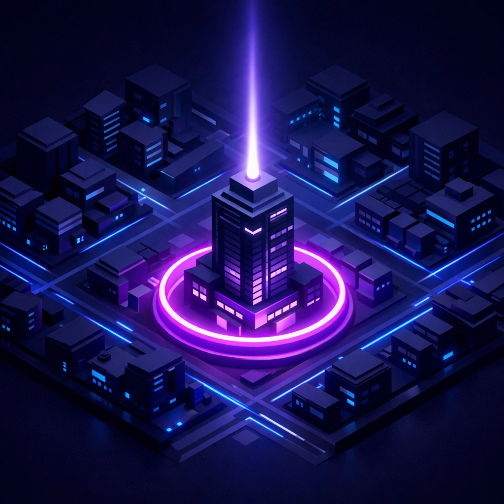 A highlighted local business in a digital city representing 24/7 availability with AI agents.