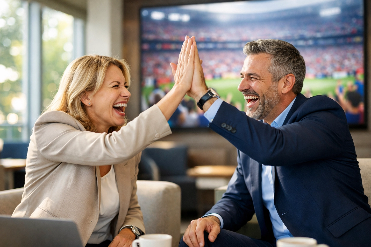 Business partners celebrating a successful corporate event in a modern VIP lounge setting.