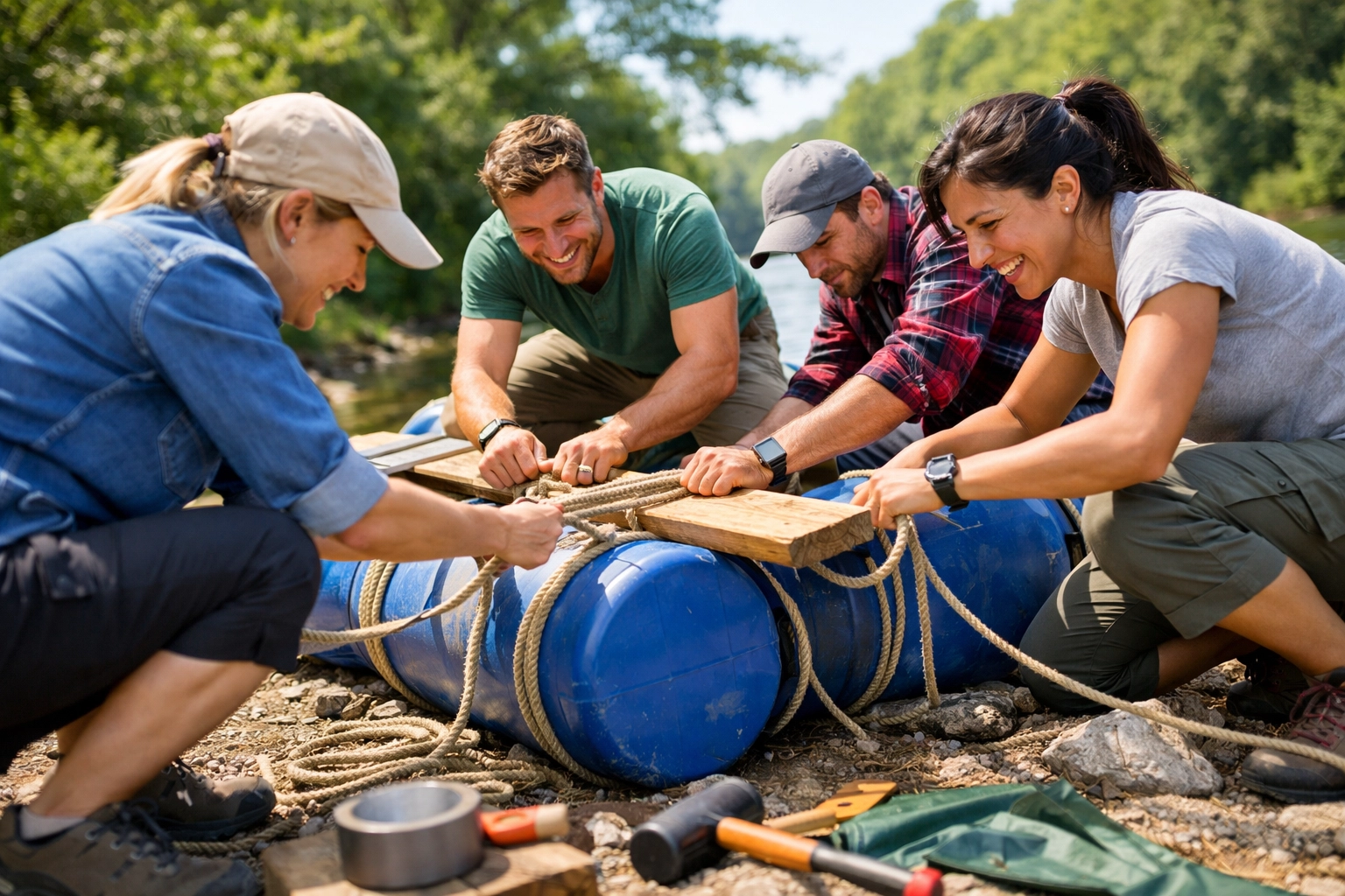 Business professionals building raft together during corporate team building event