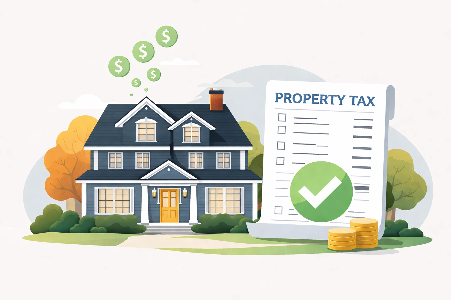 Illustration of a New Haven colonial home with property tax bill and savings, representing increased 2026 SALT deduction cap.