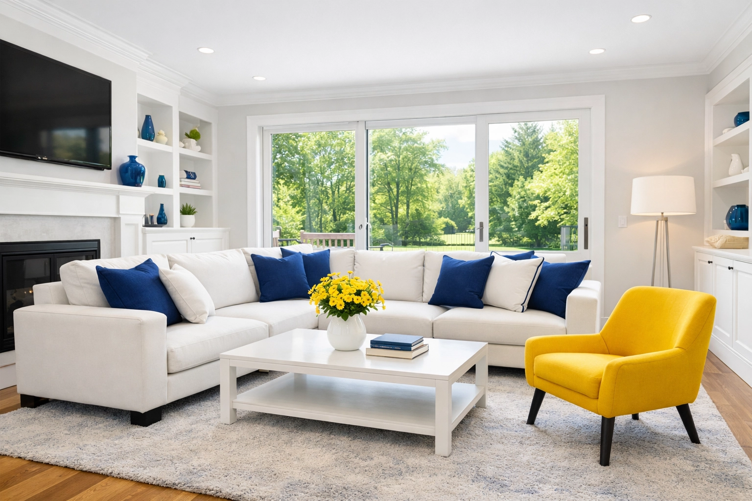 Bright and airy modern living room in a Hopkinton residence showcasing the results of expert residential cleaning.